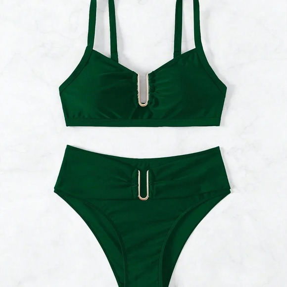 Dark Green Women's U-Shaped Ring Design Sexy Bikini Set - Picture 6 of 8